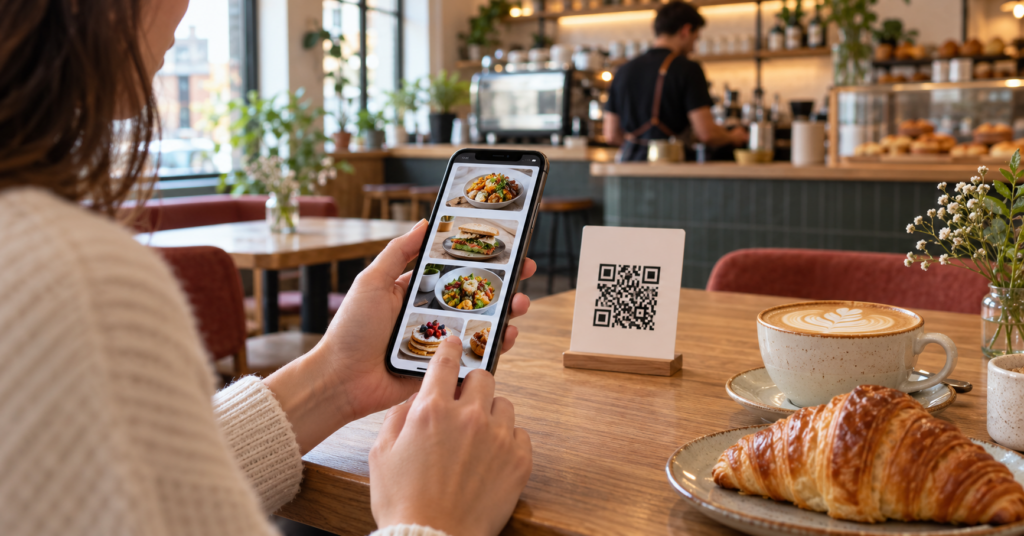 Smartphone-QR-ordering-over-cappuccino